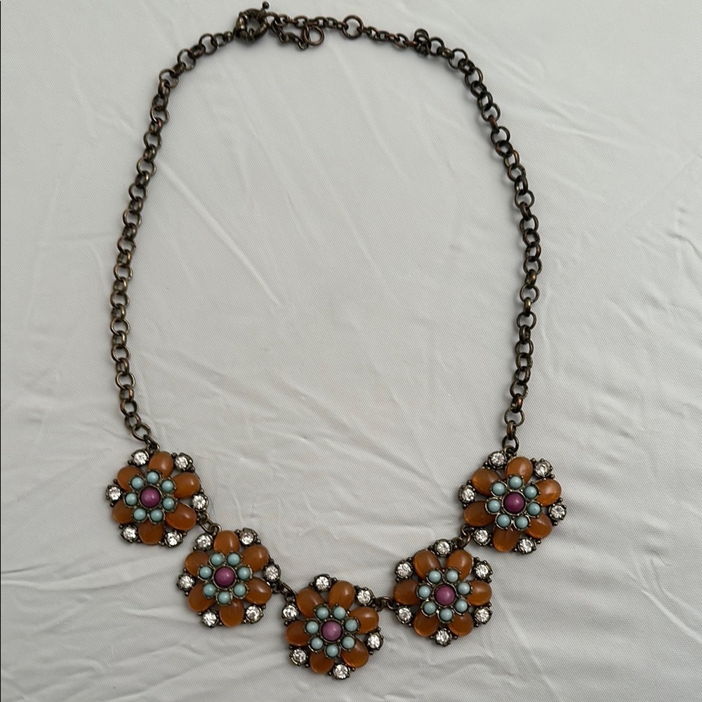 Multicolor orange purple light blue rhinestone bead floral statement necklace